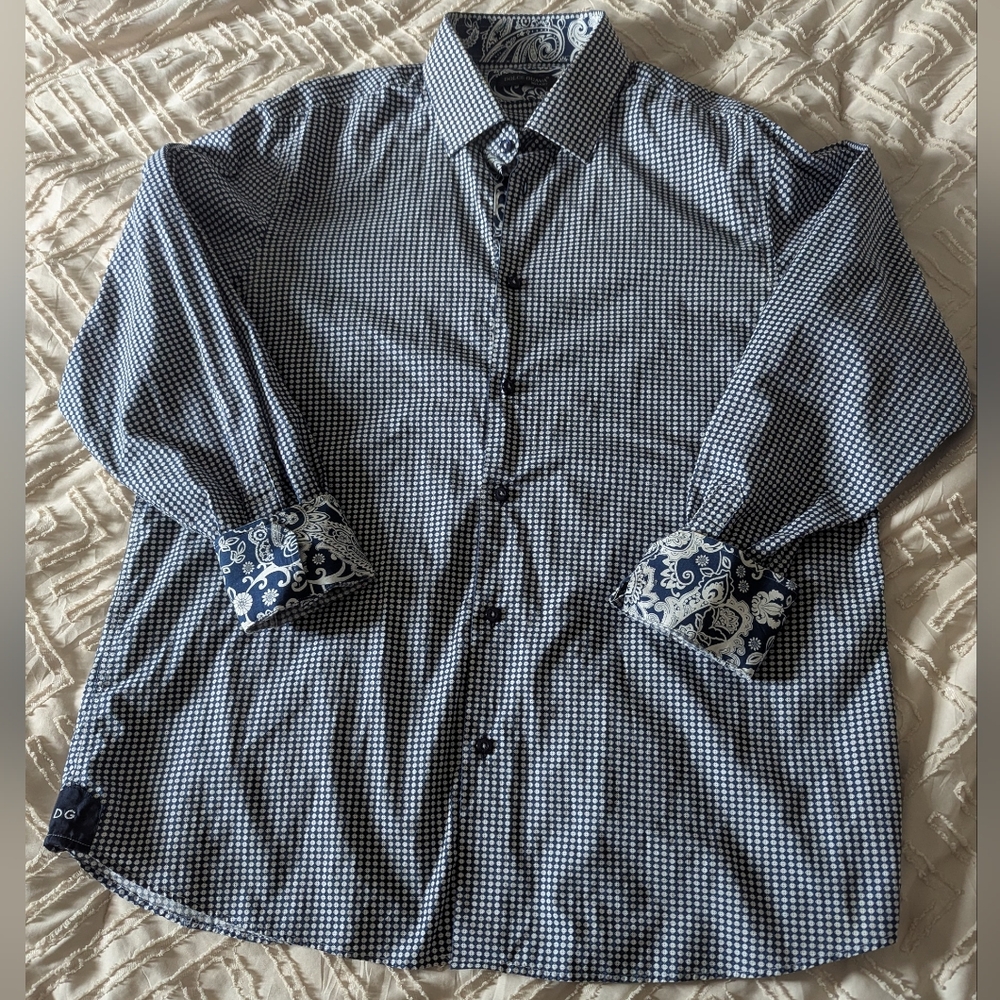 Dolce Guava Milano Men's XL Long Sleeve Dress Shirt Blue White Paisley Accent